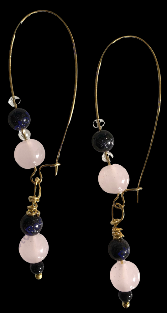 Blue Goldstone, Swarovski Crystal & Rose Quartz Earing Set