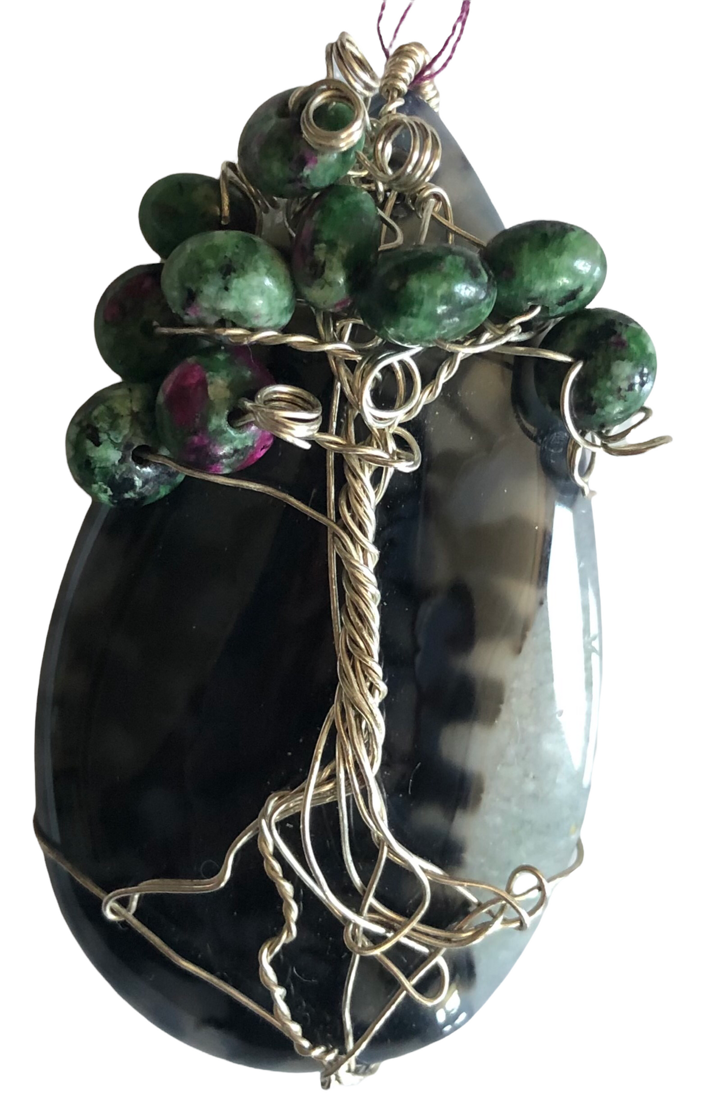 Sterling 925 Silver Wire Wrapped Agate w/Zoisite Tree of Life Pendant