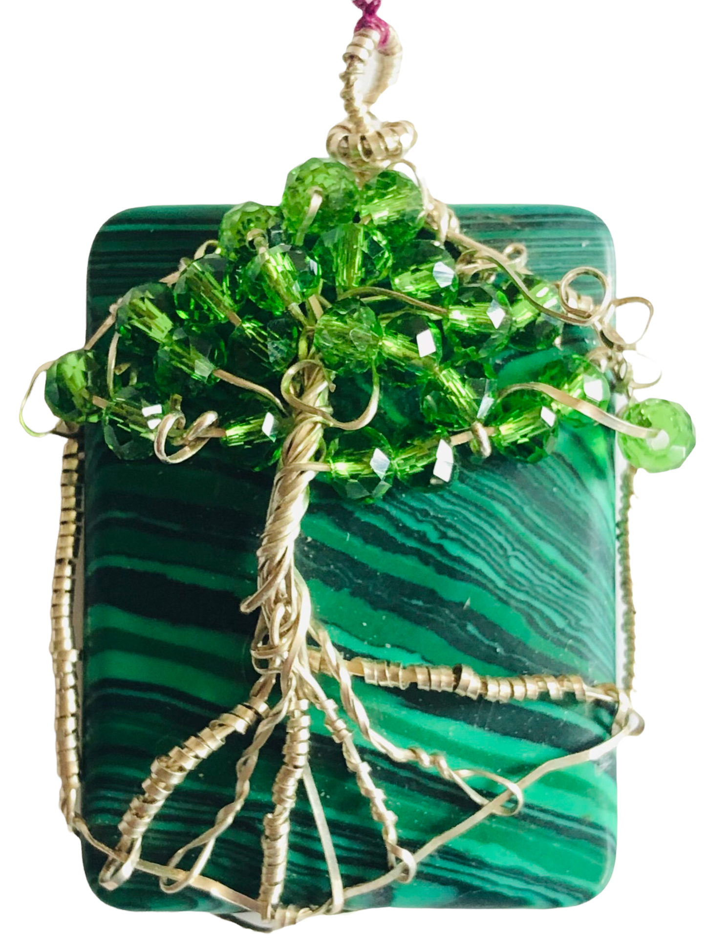 Sterling 925 Silver Wire Wrap Tree Of Life Swarovski Crystal's & Malachite Pendant