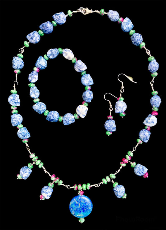 Sterling 925 Silver, Ruby Zoisite. Lapis & Sodalite Skull Jewelry Set