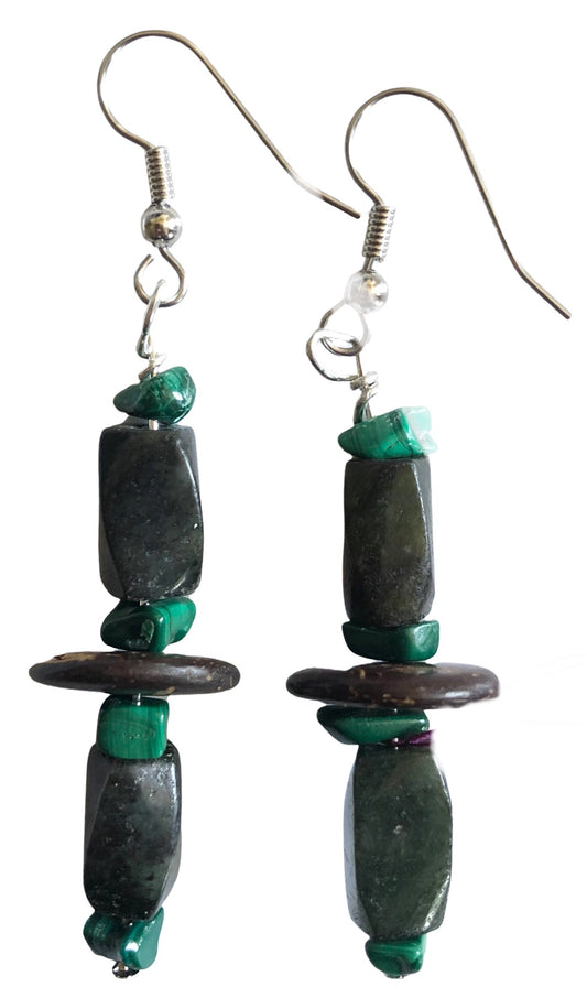 Green Agate & African Wood Beaded Swarovski Earing Set