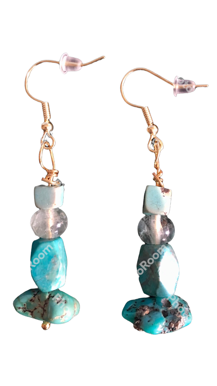 Gold & Sterling 925 Silver Fluorite & Turquoise Earing Set