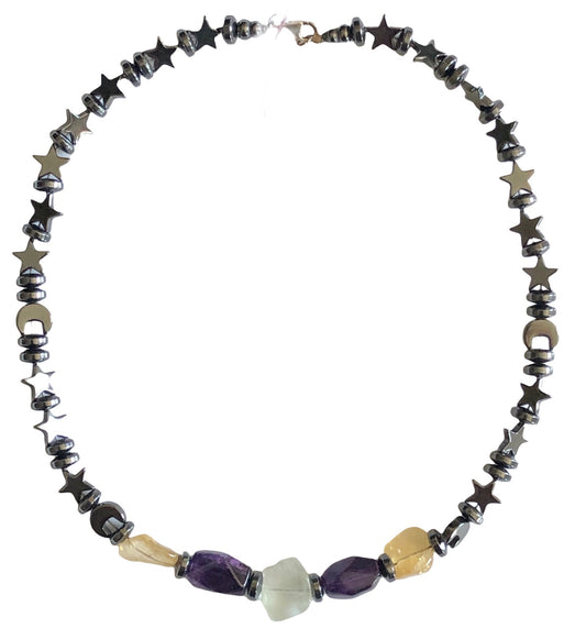 Hematite Moon & stars w/ Amethyst, Citrine & Quartz Necklace